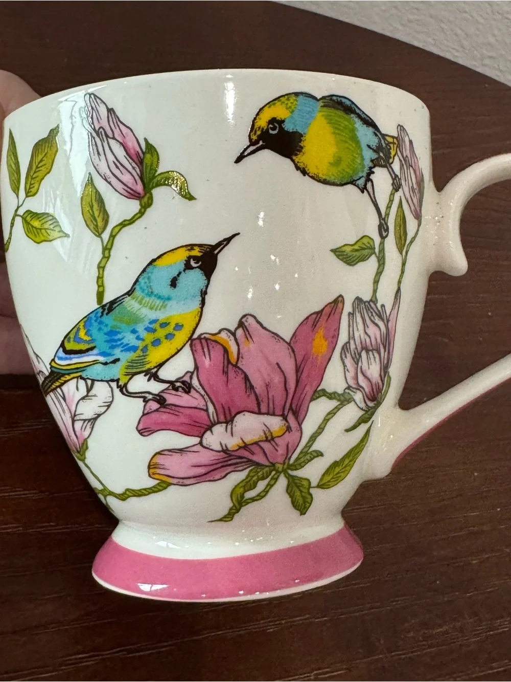 The English Mug Company Floral Bird Coffee & Tea Cup in White with Pink